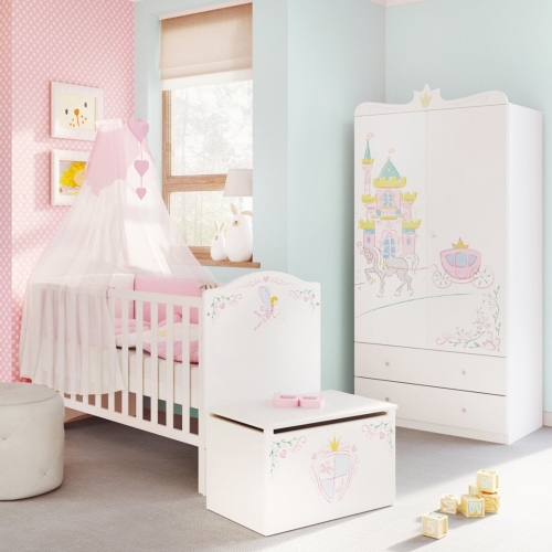 Set mobilier copii patut bebe, cufar, polite, comoda 3 sertare Magic Princess - 2KLNE